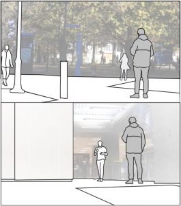 Example camera angles from the outside (top) and indoor (bottom) locations. Confederate is grey shaded figure, approaching pedestrians are represented as white shaded figures. 