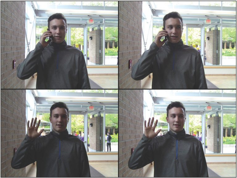 Illustrative confederate actions. Final hand positions for the conditions in which the confederate raised his hand to answer a phone (top) or wave (bo ttom), with eyes positioned either straight ahead (left) or tracking the passing pedestrians (right)