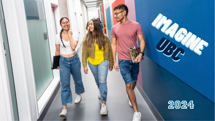 Image description: Studnets walking down a hallway in the psychology building with the text overlay "Imagine UBC 2024"
