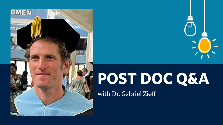 Headshot of Dr. Gabriel with a light and dark blue background. Overlay text states "Post Doc Q&A" with a short sub-header.